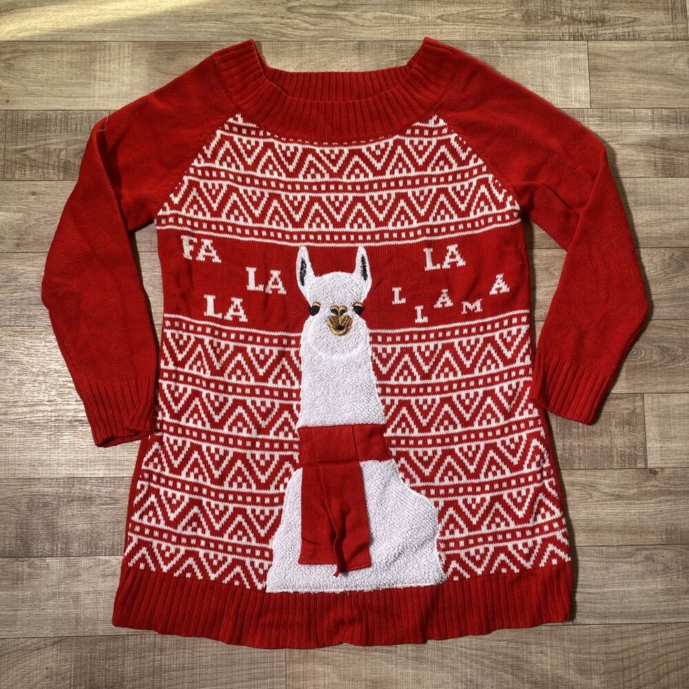 Christmas Sweater L Fa La La Llama Holiday Fair Isle Snowflakes Funny Red